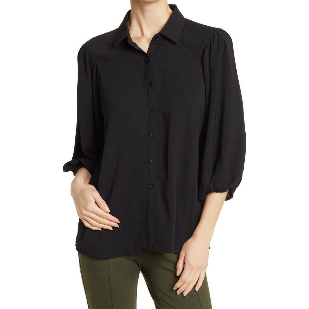Pleione Crinkle Balloon 3/4 Sleeve Collared Button-up Relax Blouse Women's XS